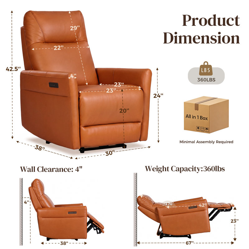Fauteuil inclinable électrique à double moteur en cuir véritable avec appui-tête réglable, accoudoirs évasés et inclinaison zéro gravité à 170°