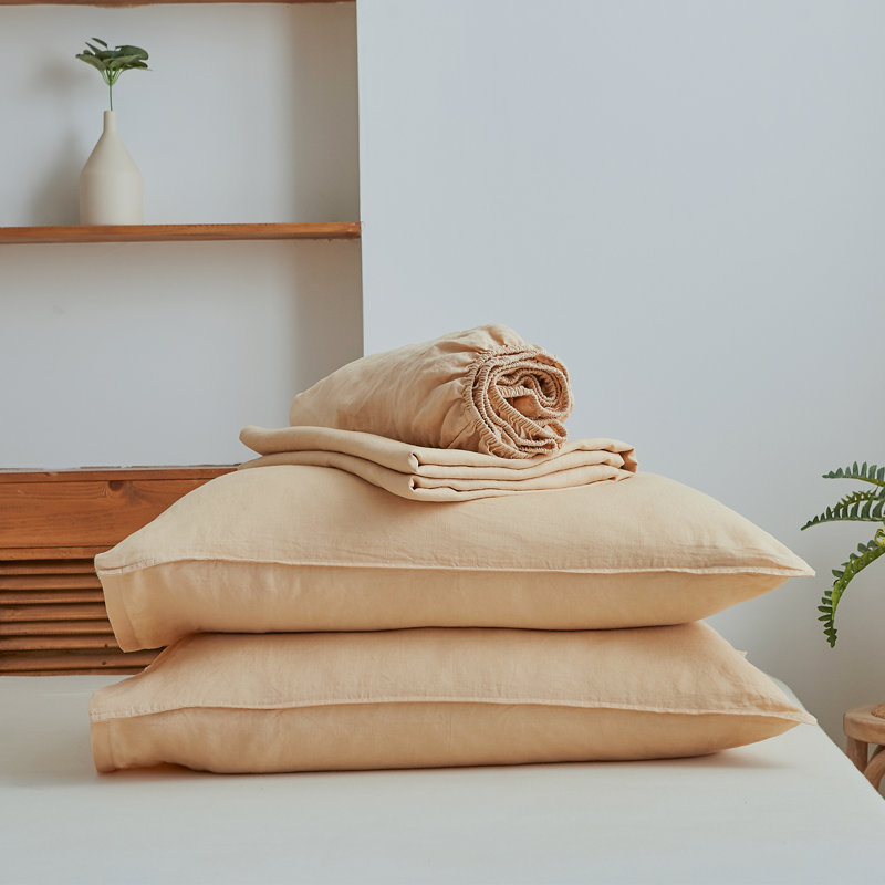 100% Linen Sheets Set, Queen Sheet Set with 2 Pillowcases, Sand