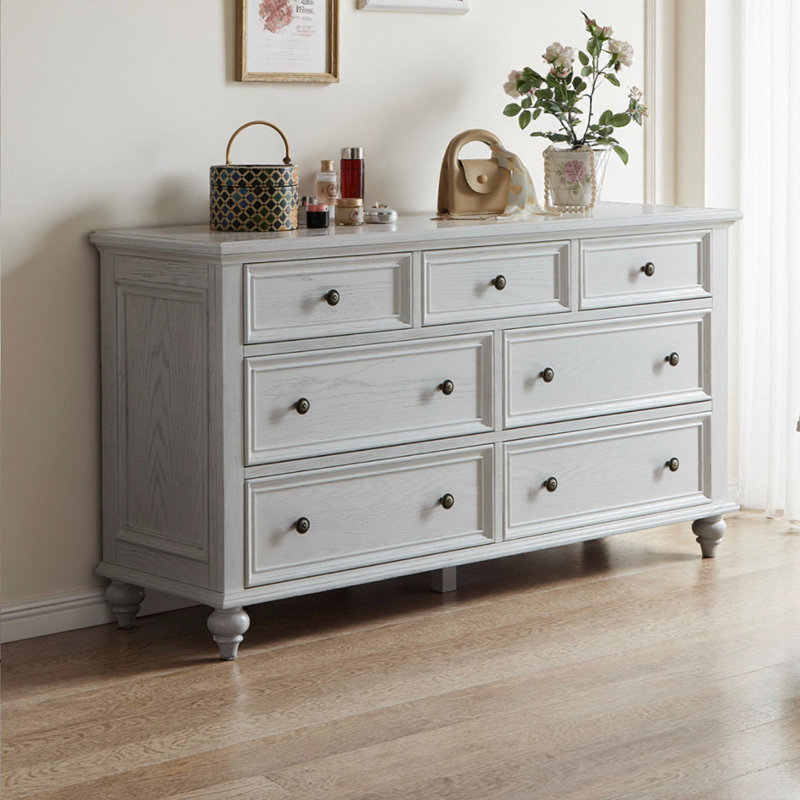 Buffet rétro en bois massif blanc avec 7 tiroirs