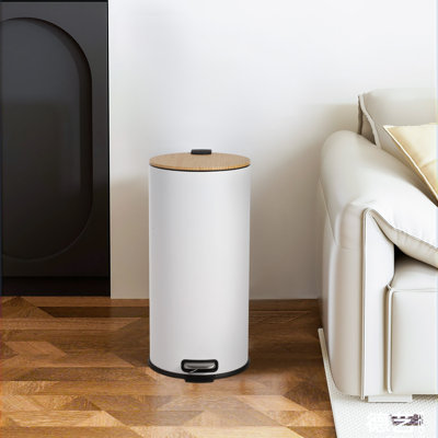 Stainless Steel 30L Step Trash Can, White Waste Bin with Natural Wood Lid for Kitchen, Bathroom and Office, Modern Garbage Can for Apartment, Laundry Room, Pantry and Everyday Household Waste, 30.5 x 36.7 x 61.8 cm