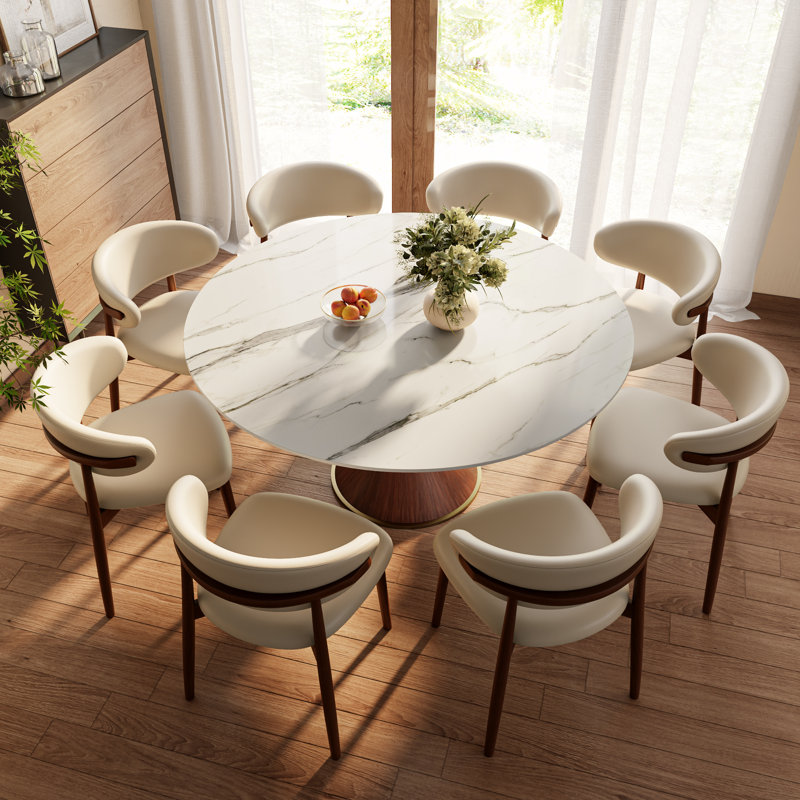 Spiro 9Pcs Round Solid Wood Dining Stylish Set With Sintered Stone Table, 8 Comfortable Upholstered Chairs, White