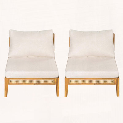 Set of 2 Armless Outdoor Chairs with Acacia Wood and Plastic Cane Frame – Thick Cushions