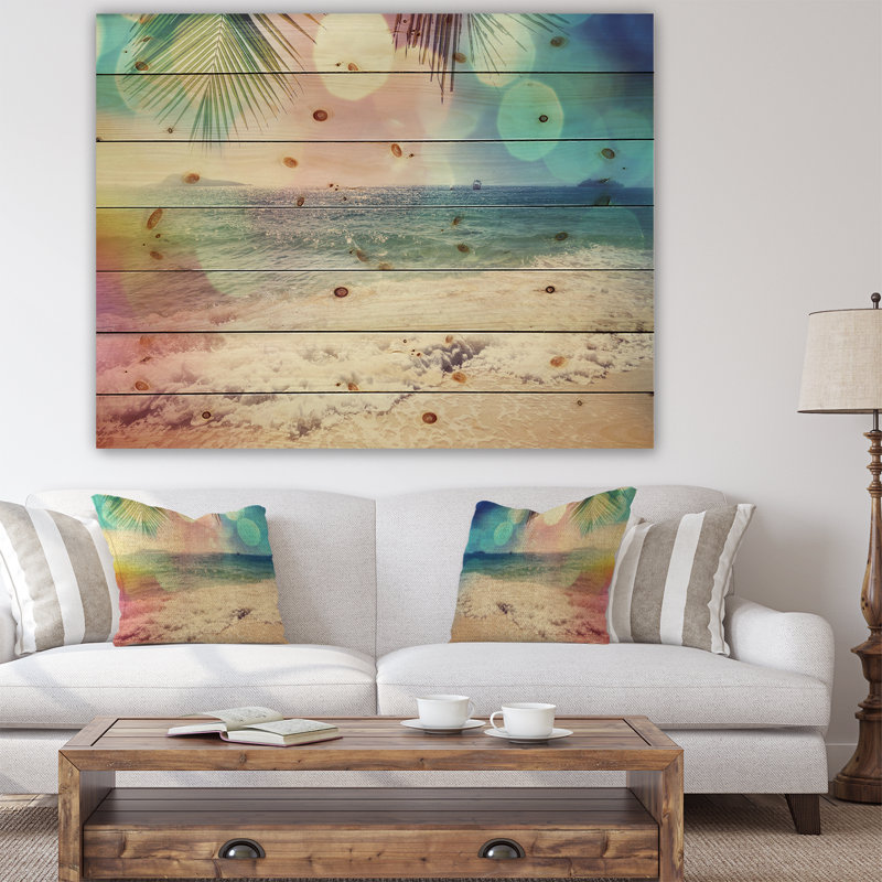 Plage tropicale colorée - Art mural en bois nautique et côtier - Bois de pin naturel, H 24 po x l 36 po x P 1 po