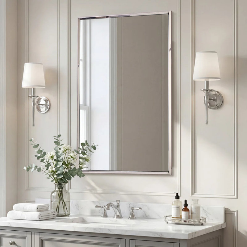 Modern Rectangular Bathroom Vanity Mirror with Beveled Edges | Stainless Steel Frame, 40" x 24", Polished Chrome