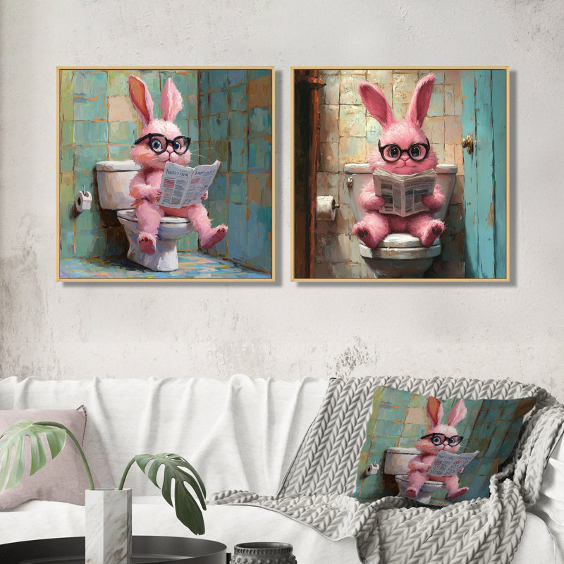 Lapin lisant les nouvelles dans la toilette I - Art mural animal lapin - ensemble de 2 décorations murales modernes