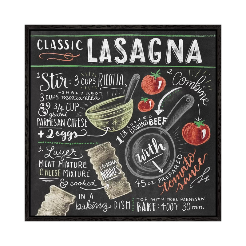 Lasagna Recipe - Print on Canvas, 66.04cm H x 66.04cm W x 3.81cm D, Black Floater Framed