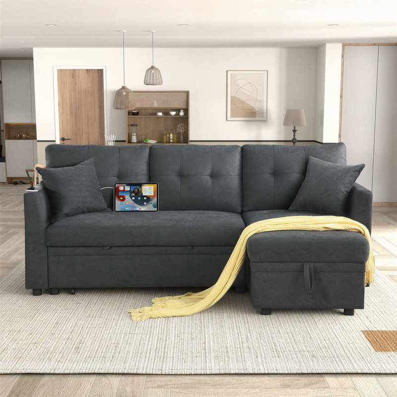 Canapé-lit modulaire en velours de 82 po avec méridienne avec rangement, canapé-lit convertible, canapé-lit avec port USB, poches latérales