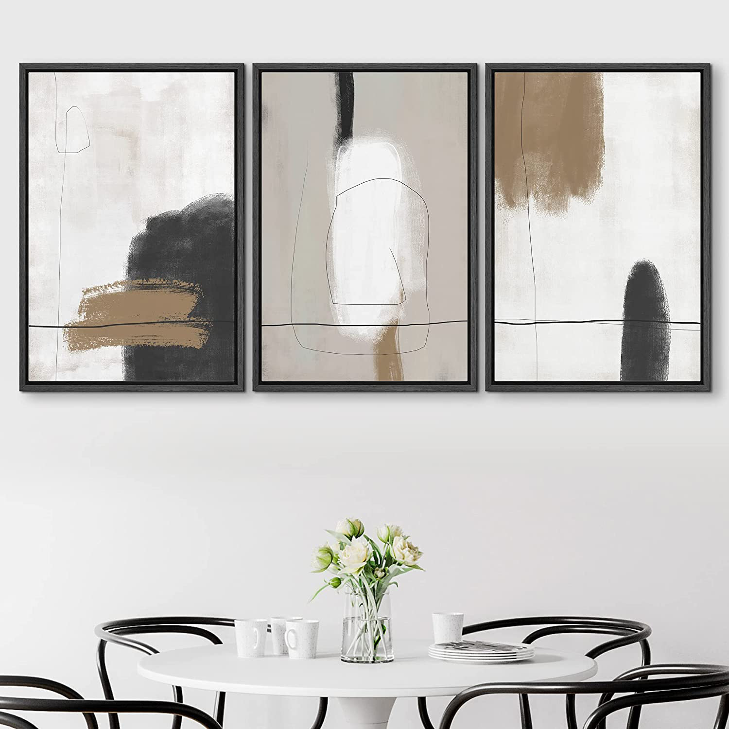 SIGNLEADER Neutral Framed Canvas Print Wall Art Set Grunge Brown White  Paint Strokes Abstract Shapes Illustrations Modern Art Bohemian Nordic  Relax/Calm For Living Room, Bedroom, Office. Framed On Canvas Pieces Print