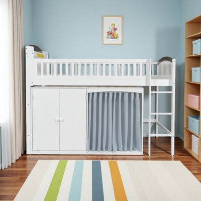 Lit mezzanine double avec armoire de rangement, garde-robe et DEL