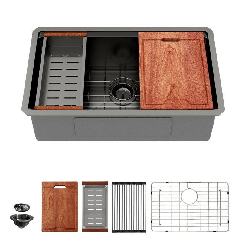 28'' L x 18'' W Undermount Stainless Steel Workstation Kitchen Sink, Gunmetal Black Nano Titanium Single Bowl Kitchen Sink with Cutting Board, Sink Grid, Colander and Strainer