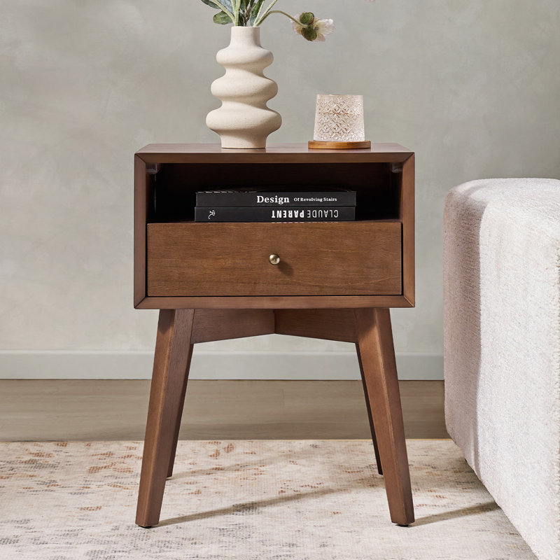 Boneva 18"W Mid-Century Modern Solid Wood Nightstand with Built-In Outlets, Walnut