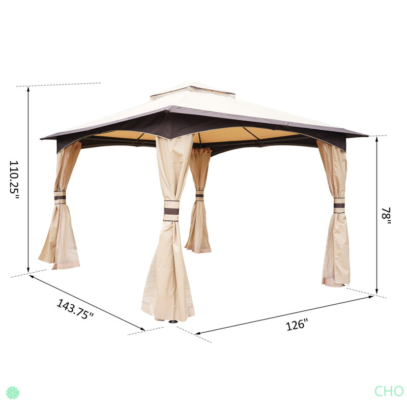 Outdoor Gazebo With Netting And Curtains, Patio Gazebo Canopy With 2-Tier Soft Top Roof And Steel Frame For Lawn, Garden, Backyard And Deck