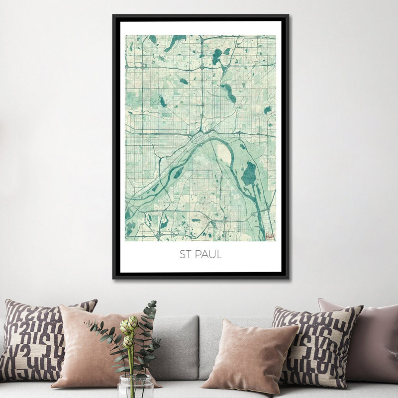 «St. Paul Vintage Blue Watercolor Urban Blueprint Map» par Hubert Roguski - reproduction d'art sur toile tendue, Pas de tapis