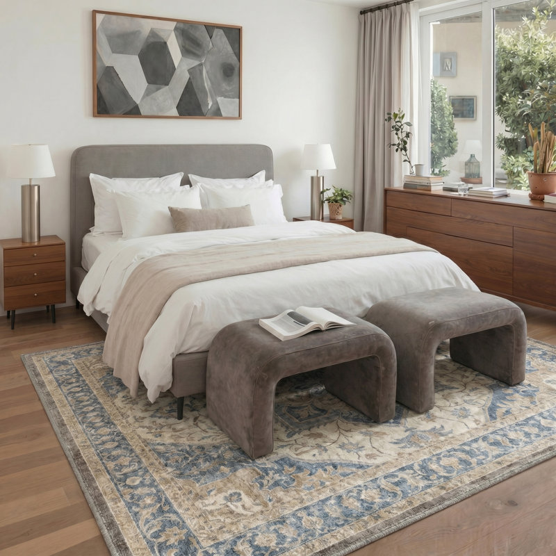 Tapis floral bleu / brun Abdullah, lavable à la machine, avec envers antidérapant, Rectangle 9 pi x 12 pi