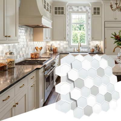 11.8" W × 11.8" D White Grey Hexagon Peel and Stick Backsplash Tile Self-Adhesive Vinyl Wall Tiles for Kitchen, Bathroom Backsplash, RV, Home Decor