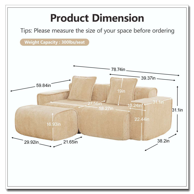 2 Seat L Shape Sectional Boneless Sofa with French Edge Piping, No Assembly Required, 2-Seat Sofa Couch with Throw Pillows and 1 Movable Ottoman