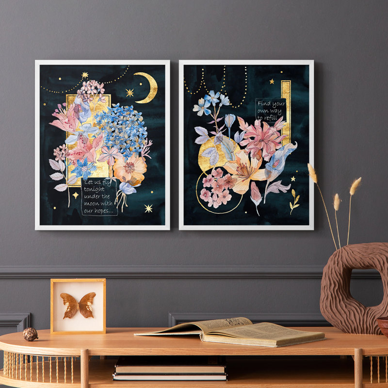 «Moonlight Flowers I», reproduction encadrée de qualité supérieure - prête à être accrochée - aucun clou requis - aucun clou requis