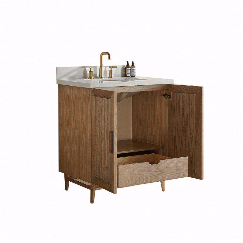 Meuble-lavabo autoportant Basin, en bois massif et avec plateau blanc d'ingénierie, 30"