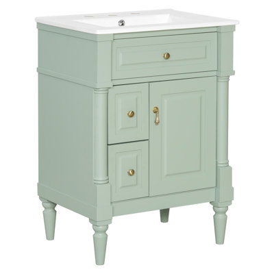  24" Wide Freestanding Bathroom Vanity with Ceramic Sink Top, Solid Rubberwood Frame and Tip-out Drawer
