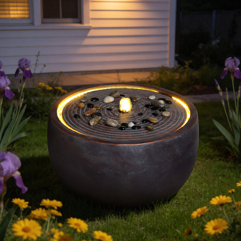 Fontaine d'eau extérieure moderne en forme de bol avec plateau ondulé en résine pour patio, Antique Bronze