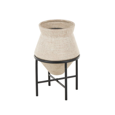 Beige Metal Wide Decorative Vase with Black Metal Stands, 13" x 13" x 20"