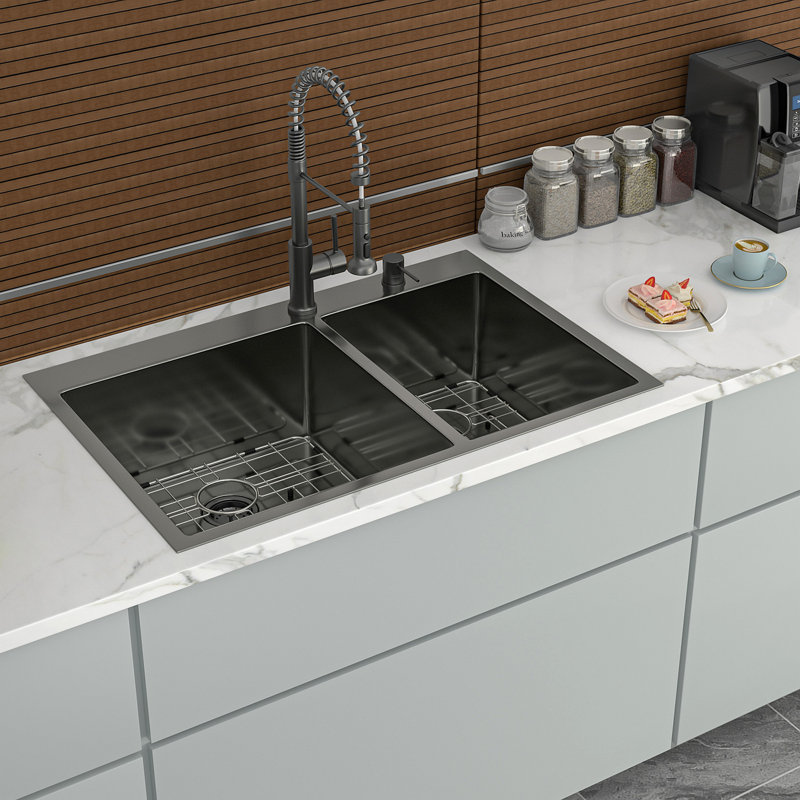 Évier de cuisine à double cuve à montage sur plan - Évier de cuisine à double cuve en bronze industriel noir de calibre 16 avec deux cuves profondes de 10 po (60/40 po) 33 po x 22 po