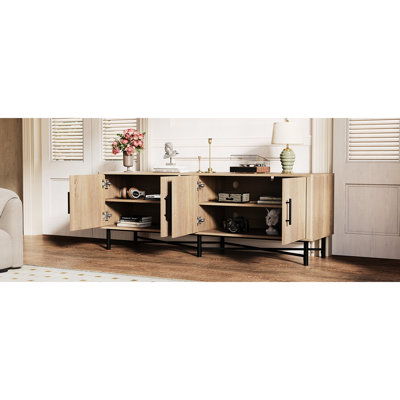 Versatile 4-Door Tv Cabinet With Adjustable Shelf Heights And Spacious Top, Natural Finish, 66"W * 18"D 23"H For Living Room Practical Stand 2 Shelving Units Top Surface, Wood Grain, 66X18x23