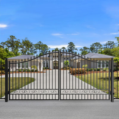 Driveway Gate, Dual Swing driveway gates, Floral Pattern Design Metal Security Outdoor Gates for Yard