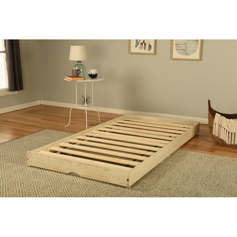 Alhamdi Solid Wood Pop Up Bed with Mattress, Weathered White/Taxi Seaport