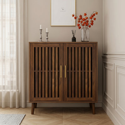 31.5" Mid Century Walnut Sideboard Buffet With Storage & Grille Doors, Brown Cabinets For Living Room & Kitchen