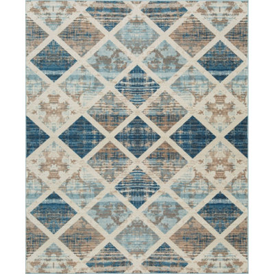 Tapis intérieur / extérieur en laine à motif géométrique gris / bleu