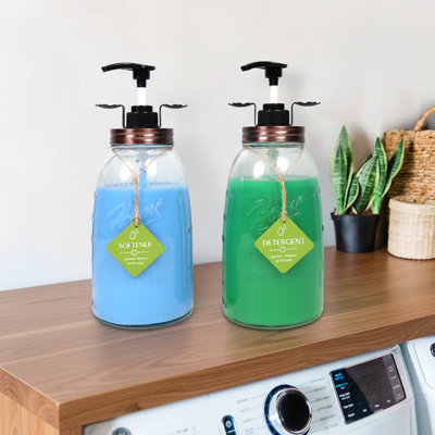 Ensemble de 2 contenants en verre de style pot Mason rechargeable de 50 oz pour détergent à lessive, bain ou savon à vaisselle avec couvercle bronze et PumpAid