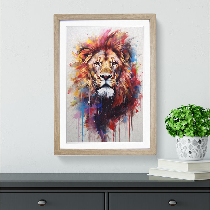 Lion Gestural No.2 - Single Picture Frame Print on Wood, 34cm H x 25cm W x 2cm D, Oak