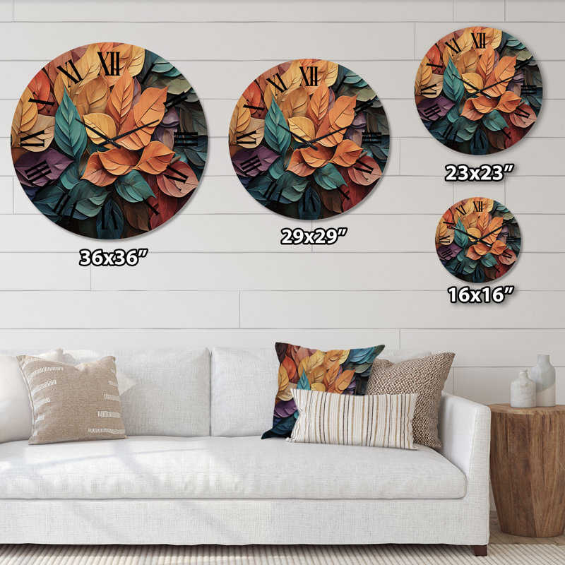 Colorful Leaves Collage I - Modern Oversized Wood Wall Clock, Très grand