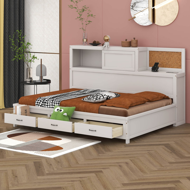 Lit de jour en bois pleine grandeur avec 3 tiroirs de rangement, tablette souple supérieure, tablette et ensemble de prises et ports USB