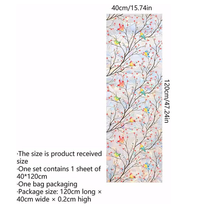 Décalcomanie vitrail 1 pièce en verre oiseau floral éblouissant, autocollants statiques adhésifs 15,7 x 47,2 pouces, film de protection d'intimité pour fenêtre