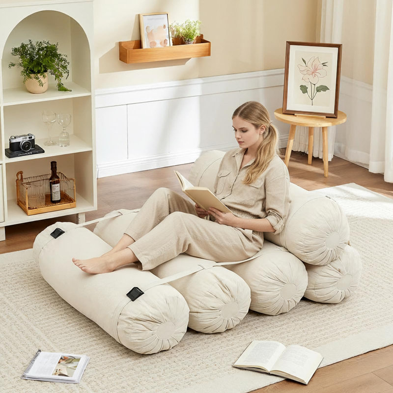 Boneless Modern Corduroy Compressed Adjustable Floor Sofa No Assembly Required, Beige