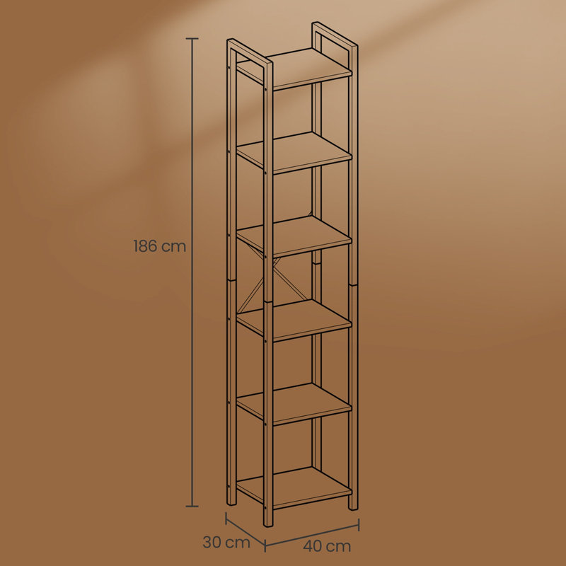 Lakesha Etagere Bookcase, Special Walnut/Black, (6 Shelves) 187.5cm H x 40cm W x 30cm D