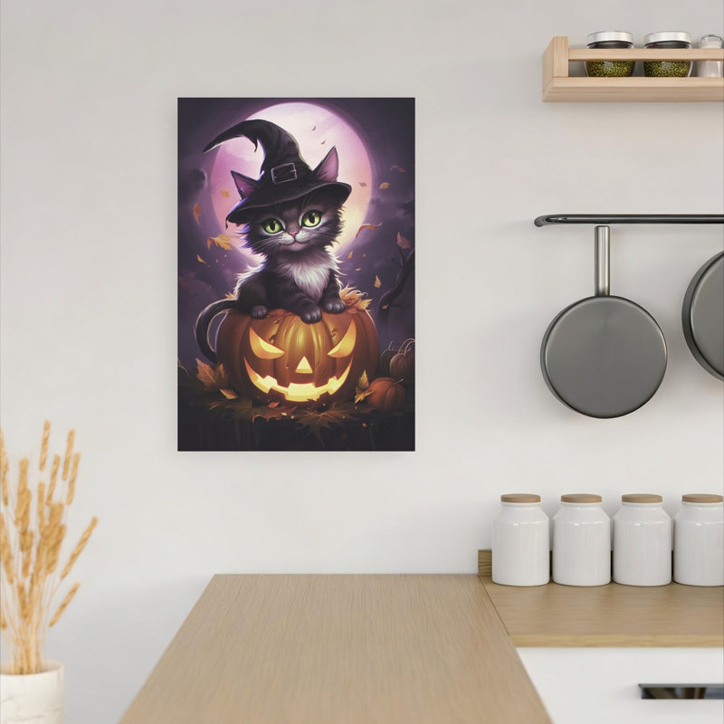 Chat sorcière mignon, citrouille, paysage abstrait contemporain, art mural nature, H 18 po x l 12 po