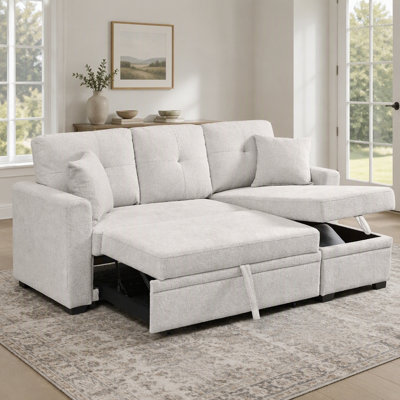 76.5" Linen Blend Upholstered Sectional with Pull-Out Bed and Chaise Storage
