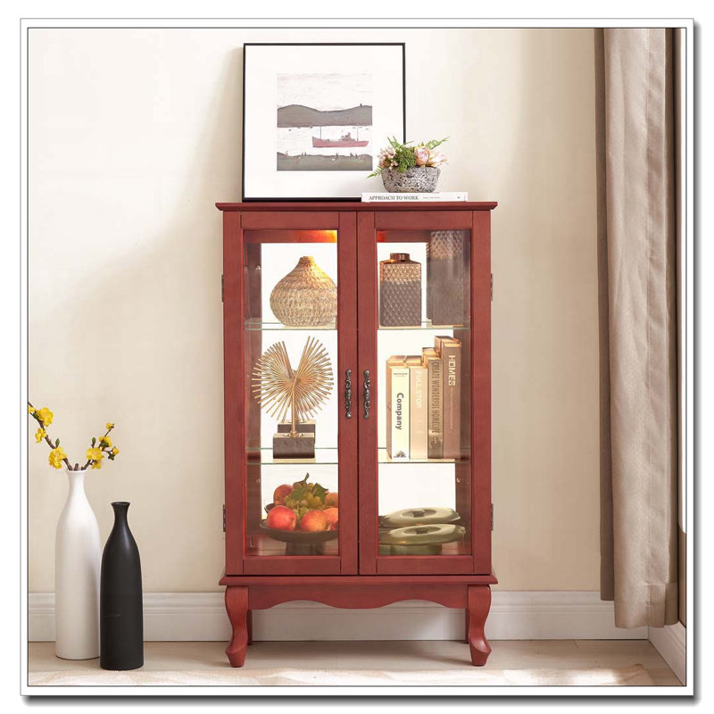 Vitrine avec portes en verre trempé, dossier en miroir et tablettes réglables, Cerisier