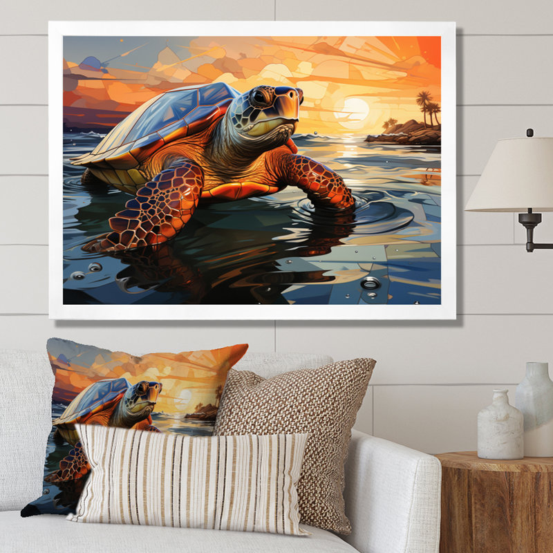 Portrait de tortue géométrique II, Cadre simple blanc, H 24 po x l 32 po x P 1 po