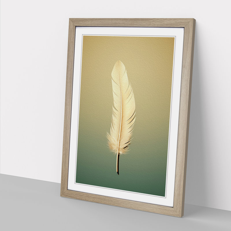 Feather Minimalism - Single Picture Frame Print on Wood, Oak, 64cm H x 46cm W x 2cm D