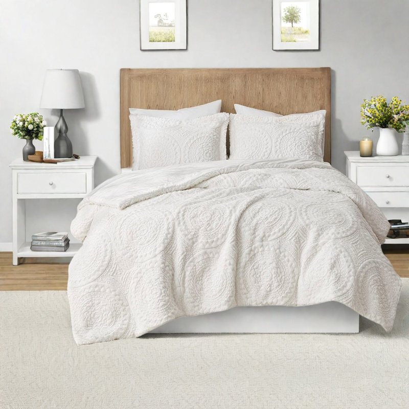 Modern Ivory Bedding Sets, Faux Fur Polyester Comforter, King Cal King