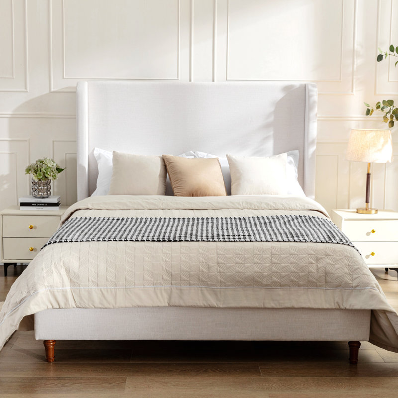 Mozter Upholstered Wingback Platform Bed, King, Cream White Chenille