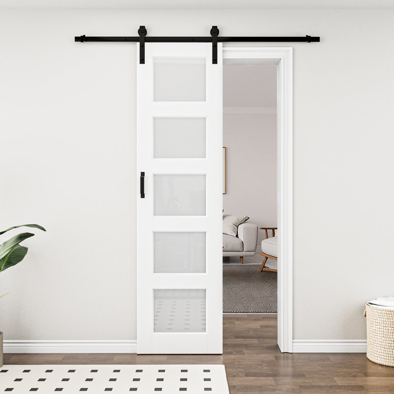 Porte coulissante de style grange, 5 carreaux, 96 po de hauteur, panneaux de verre et de bois, apprêt blanc, avec trousse de quincaillerie d'installation (aucun assemblage requis), fermeture amortie