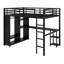 Structure de lit mezzanine en métal avec garde-robe intégrée, bureau et tablettes de rangement