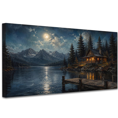 Tableau sur toile représentant un chalet au bord d'un lac, très grand format, coucher de soleil doré sur un chalet de montagne, style rétro, idéal pour la maison, un chalet ou un bureau. Toile tendue sur châssis, prête à accrocher, 61 x 122 cm.