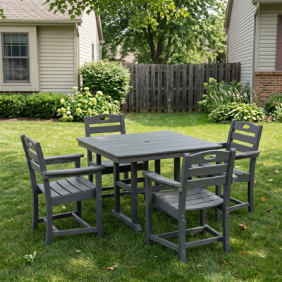 Ensemble de salle à manger d'extérieur en PEHD gris, 5 pièces, table carrée et 4 fauteuils