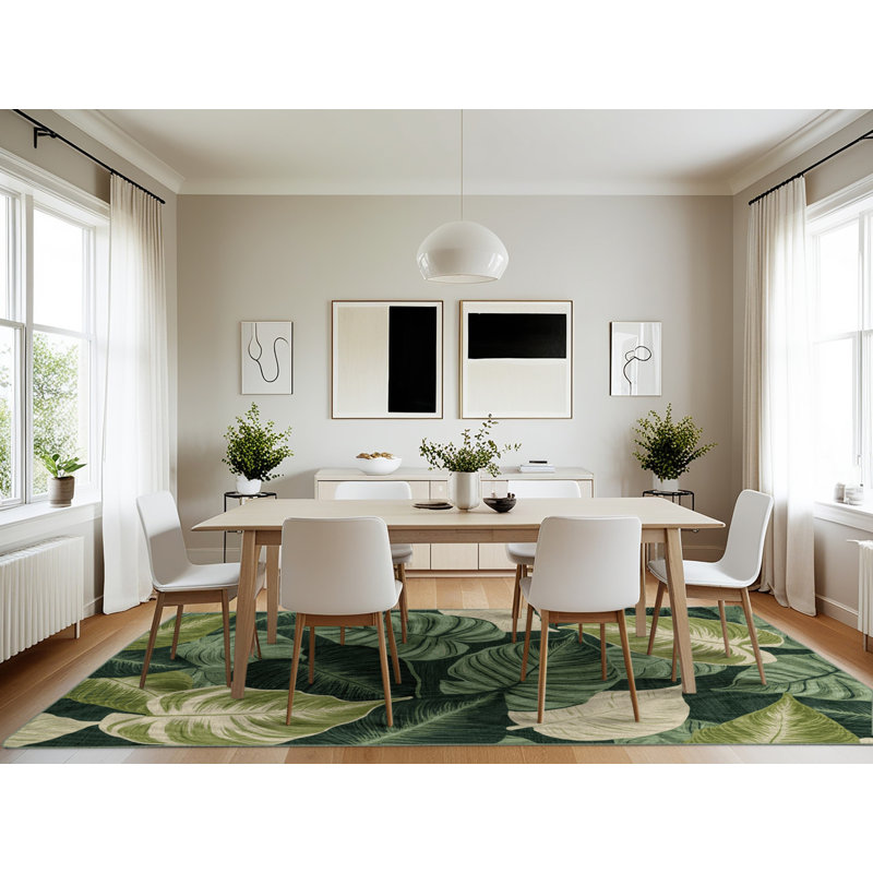 Machine Washable Botanical Green Area Rug, Rectangle 7' x 10'